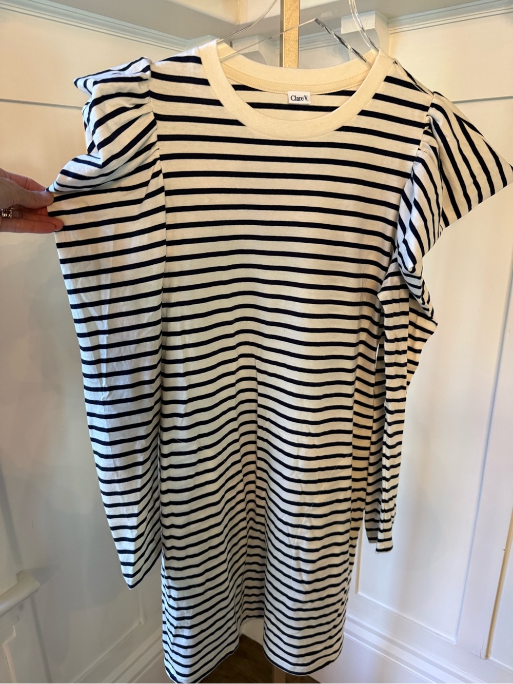 L/S Cotton Clare V. Navy & White Dress w/ Puff Sleeves